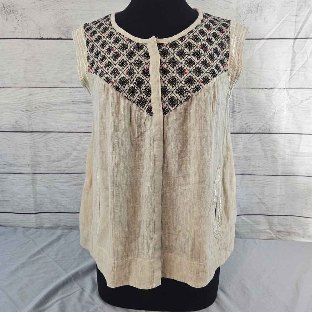 Lucky Brand M Medium Snap Front Sleeveless Shirt Gauzy Embroidered L703